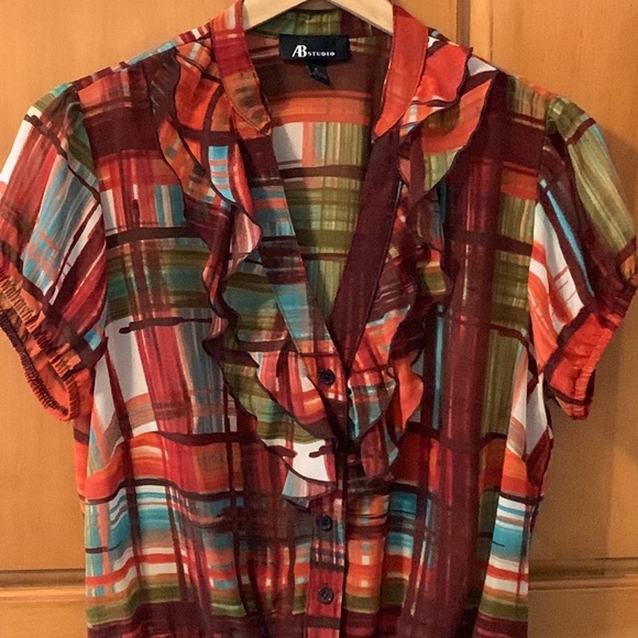 AB Studio orange plaid blouse M - Picture 3 of 9